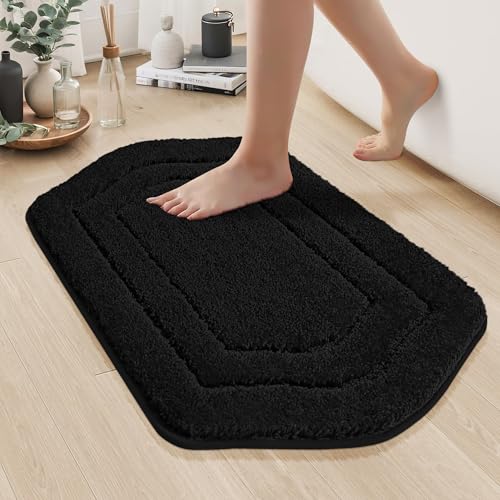 COSY HOMEER Bathroom Mat Rugs 20”x32” Non-Slip Absorbent Bath Mat Plush Shaggy Machine Washable Bath Rugs Soft Polyester Bath Mats for Bathroom Floor,Tub and Shower,Black - color: Black, size: 1'8" x 2'8" (Oval)