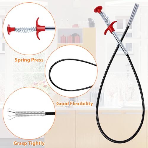 Hair Drain Clog Remover 7-Piece Set | 6x25” Plastic Sink Snake + 1x35” Stainless Steel Plumbing Snake | Drain Cleaner for Shower, Tub, Kitchen Sink & Toilet (35inch, Black+Orange) - color: Black+Orange, style: 35inch