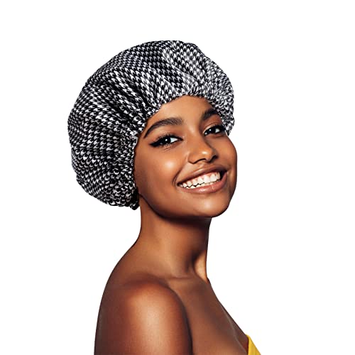Fishent Extra Large Shower Caps for Women and Girls, Reusable Waterproof Washable Shower Cap for Long Hair, Super Cute and Adjustable for Spa Home Salon Use - color: Houndstooth, size: X-Large