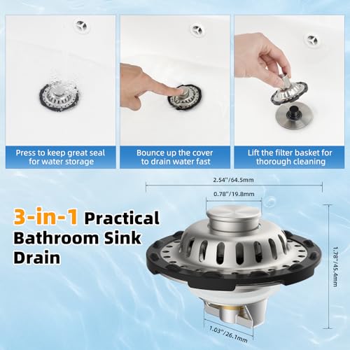 Universal Bathtub Drain Stopper, 2PCS Metal Shower Hair Catcher, Brushed Nickel | 3 in 1 Bathroom Sink Strainer with Visible Top Filter, Tub Stopper for Standard 1.1''~2.36'' Sink Hole - color: Brushed Nickel Finish