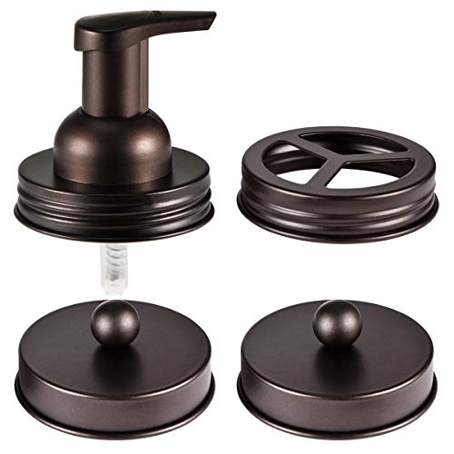 Mason Jar Bathroom Accessories Set(4pcs)- Jars Not Included - Foaming Soap Dispenser,Toothbrush Holder, and Apothecary Storage Jars Lids -Rustic Farmhouse Decor,Brown - color: Bronze, size: 4 Regular Mouth