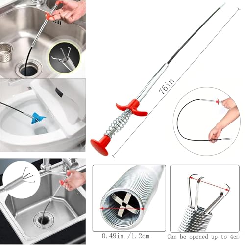 Drain Snake，Plumbing Drain Clog Remover, Gutter Cleaning Tools for Toilet Shower Kitchen Bathroom Tub, Clogged Drains Opener Cleaning Tool, Flexible Grabber Claw Pick Up Reacher （76 in）