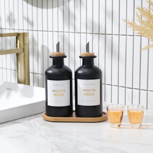 11.8OZ Glass Mouthwash Dispenser for Bathroom with Stainless Steel & Bamboo Nozzle, Mouthwash Cup Reusable, Bamboo Tray, and Elegant Gold Sticker.Set of 2（Black - color: Black/350*2