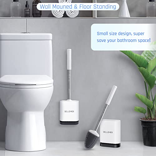 Sellemer Silicone Toilet Brush, Ventilation Slots Base Holder 2 Pack, White | Flexible Bristles Flat Head for Rim, Hair Tangle-Free, Easy to Clean, Compact Design, Rustproof Handle, for Toilet/Sink/Tub - color: White-2pcs
