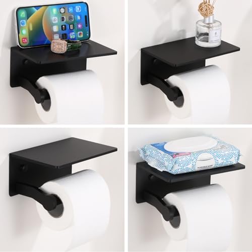 Toilet Paper Holder with Cell PhoneShelf - Toilet Tissue Holder with Wipes Storage, Wall Mounted by Adhesive Tape or Screw - Matte Black - color: Black-1 Roll