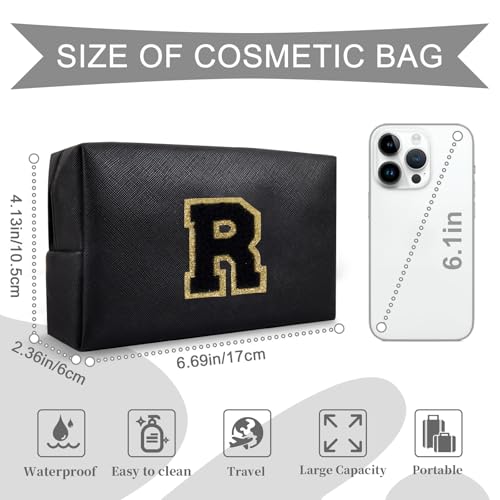 Personalized Initial A-Z Preppy Patch Makeup Bag,Small PU Chenille Letter Cosmetic Bag with Zipper for Teen Girls,Black Cute Toiletry Organizer Bag,Monogram Makeup Case Gift for Women Girls,Letter R - color: Black,Black-Letter, size: R