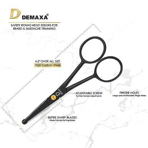 DEMAXA 4.5" Round Tip Safety Mustache Scissors Beard Scissors with 1 Mustache Comb, 1 Beard Comb & Soft Pouch – Best Facial Hair Shears for Beard Mustache Trimming Nose & Ear Hair - color: 4.5" Round Tip Black