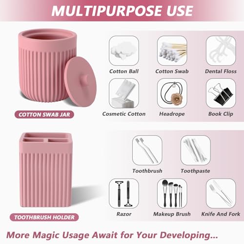 XLHOMO Resin Pink Bathroom Accessories Set 5 Pcs, Lotion Soap Dispenser, Toothbrush Holder, Bathroom Tumbler, Qtip Holder and Vanity Tray, Bathroom Countertop Organizer Set for Modern Home Apartment - color: Pink, size: Resin Bath Set