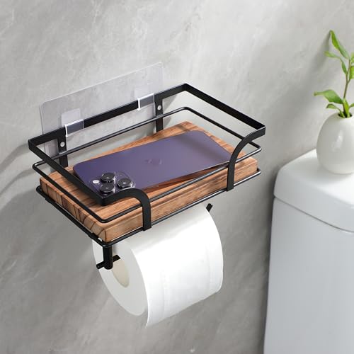 YIGII Rustic Farmhouse Toilet Paper Holder with Shelf - Wooden Tissue Paper Roll Holder, Bathroom Wall Mounted Toilet Paper Roll Holder with Wipes Storage, Black Metal - color: Black-2