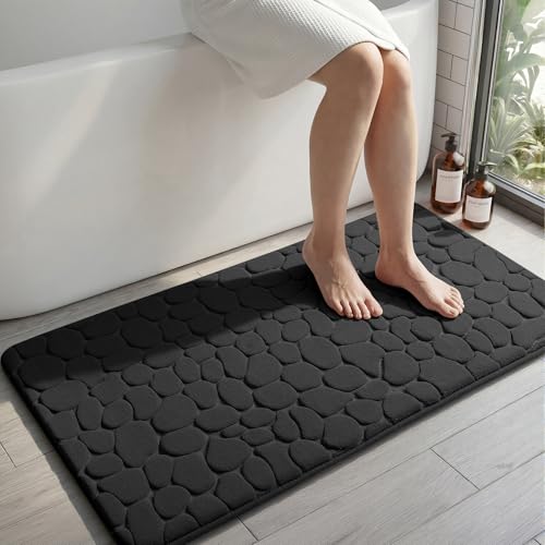 YIHOUSE Memory Foam Runner Rug, Cobblestone Bathroom Runner Rugs Super Water Absorbent Bath Mats for Bathroom Machine Washable Bath Rugs for Hallway Bedroom Laundry Room(26 x 50,Black) - color: Black Single, size: 26"x50"