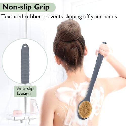 VANZAVANZU 17 Inch Anti-Slip Long Handle Back Scrubber for Shower – Dual-Sided Shower Brush and Shower Back Scrubber with Soft and Stiff Bristles for Wet or Dry Brushing (Gray) - size: 17 in - Gray