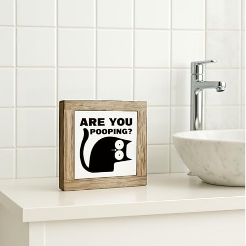 Funny Bathroom Decor, Are You Pooping Cat Sign, Funny Bathroom Toilet Table Decoration, Freestanding Decoration for Toilet and Restroom, Square Wood Block Sign Table Decor 5.9×5.9 inch - color: color36