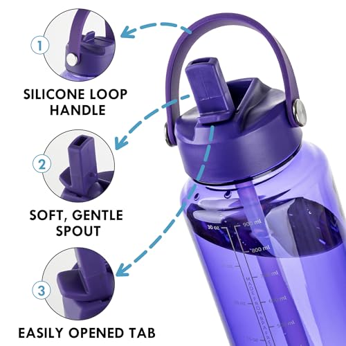 OLDLEY 32oz Water Bottle with Straw,Leakproof Tritan Clear Bottle with Marked Bottle and Carry Handle, BPA-Free Wide Mouth Reusable Sports Water Bottle for Gym,Hiking, Camping, Travel, Workout,Purple - color: Purple