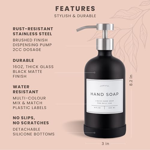 Hand and Dish Soap Dispenser for Kitchen and Bathroom, Set of 2 16 Oz Glass Bottles, Stainless Steel Pumps, Non-Slip Silicone Base, 27 Waterproof Labels (Matte Black Bottle/Brushed Silver Pump) - color: Matte Black Bottle / Brushed Silver Pump