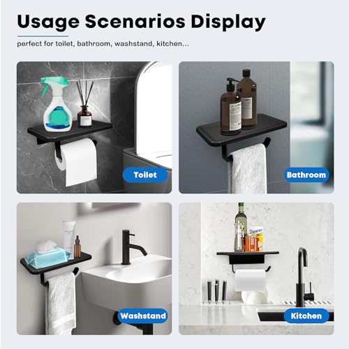 Toilet Paper Holder with Shelf, Space Aluminum TP Roll Holder, Self Adhesive & Screw Wall-Mounted Toilet Tissue Rack for Smaller Bathroom Washroom Restroom Kitchen (2 Hooks Included) - Black