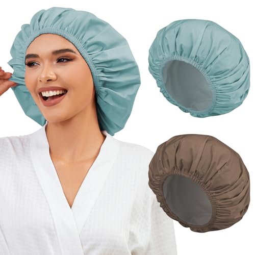 2 Pack Shower Caps for Women, Reusable Waterproof Shower Cap with Elastic Band, Thickened Waterproof Fabric Shower Bonnet for Braids, Long Hair - color: Mist Blue/Mocha Taupe