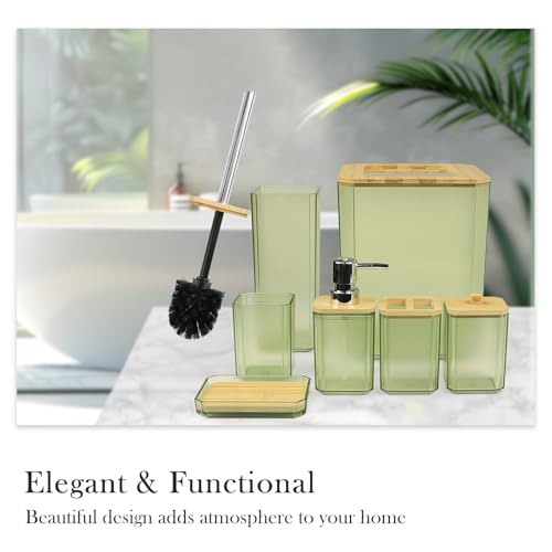 CERBIOR Bathroom Accessories Set 7 Piece Bath Ensemble Includes Soap Dispenser, Toothbrush Holder, Toothbrush Cup, Soap Dish for Decorative Countertop and Housewarming Gift (Green) - style: Green