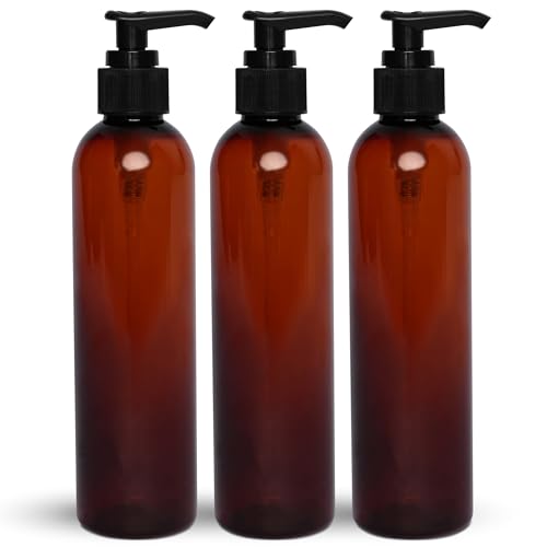 BRIGHTFROM Lotion Pump Bottles, Empty 8 OZ, BPA-Free Refillable Plastic Containers, Amber with Black Dispenser for - Soap, Shampoo, Lotions, Liquid Body Soap, Creams and Massage Oil (3 PACK) - color: Amber