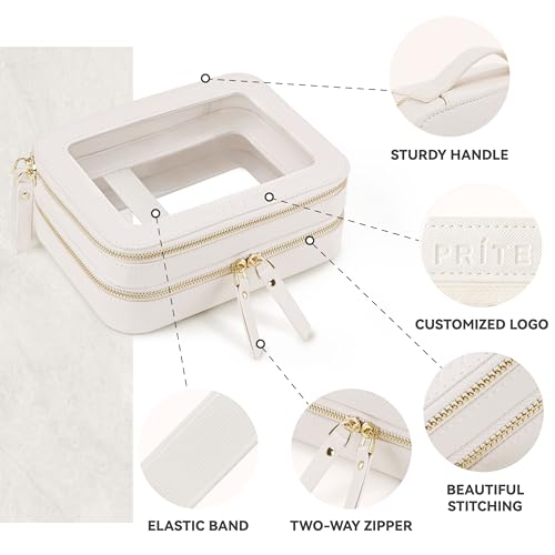 Prite Double Layer Makeup Bag for Women Portable Clear Makeup Bag Cute Waterproof Travel Cosmetic Bag with Gold Zipper for Car Essentials(Beige) - color: Beige, size: Standard - Double Layer