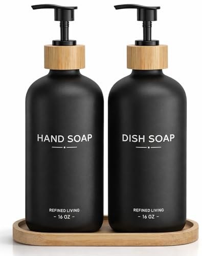 Hand and Dish Soap Dispenser Set,16oz Glass Bottles with Bamboo Pumps & Tray,Countertop Soap Dispensers for Kitchen,Luxury, Minimalist & Farmhouse Decor - color: Hand Dish (Black)