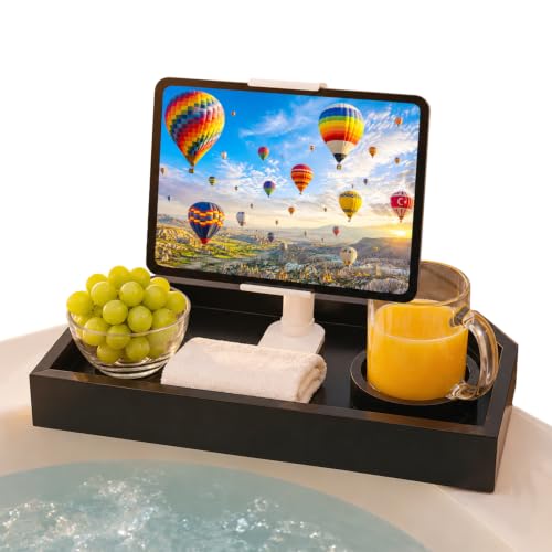 Vespara Bamboo Hot Tub Table with Adjustable Phone Holder, Non Slip Hot Tub Table Spa Gifts for Women, Bathtub Canddy Tray with Wine Glass Holder Tray for Luxury Bathtub& Bathroom Accessories Black - color: Black