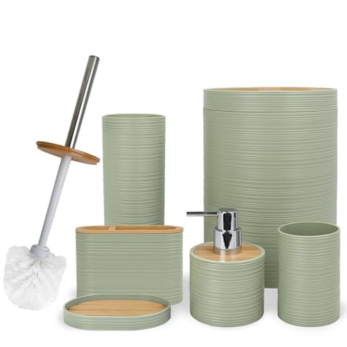 CERBIOR Bathroom Accessories Set 6 Piece Bamboo Bath Ensemble Includes Soap Dispenser, Toothbrush Holder, Toothbrush Cup, Soap Dish for Decorative Countertop and Housewarming Gift, Sriral Green - style: Green