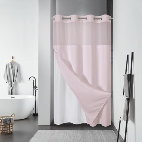 eachope BlushPink No Hook Waffle Weave Shower Curtain with snap-in Liner Replacement, 230GSM Waterproof Fabric Hotel Shower Curtain Set for Bathroom, Through Mesh Top Window,54Wx80H - color: Blushpink, size: 54"W x 80"L (Pack of 1)