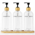 Shampoo and Conditioner Dispenser Set,Shower Soap Dispenser for Bathroom,Refillable Shampoo and Conditioner Bottles with Bamboo Pump and Tray,Soap Dispenser Bathroom for Shower (Transparent, 3-Pack) - color: Transparent