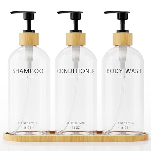Shampoo and Conditioner Dispenser Set,Shower Soap Dispenser for Bathroom,Refillable Shampoo and Conditioner Bottles with Bamboo Pump and Tray,Soap Dispenser Bathroom for Shower (Transparent, 3-Pack) - color: Transparent