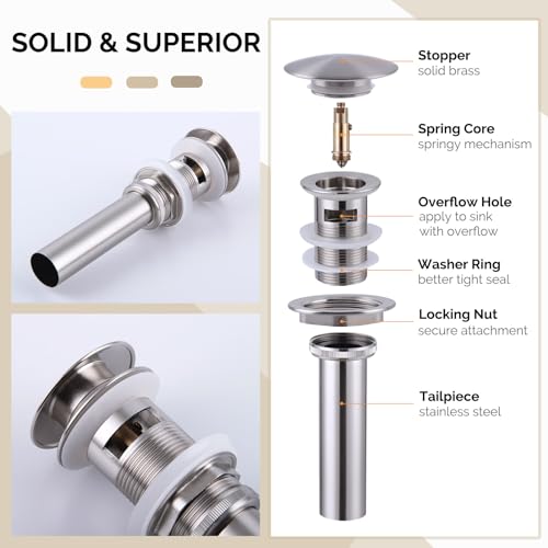 Angle Simple Bathroom Sink Drain, Brass Pop Up Drain Stopper for Vanity Sink with Overflow, Brushed Nickel - color: Brushed Nickel