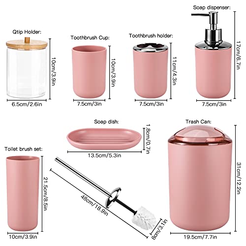 Otostar Plastic Bathroom Accessories Set Decor Countertop Gift Set Bathroom Accessory Set Includes Toothbrush Holder Soap Dispenser Tumbler Soap Dish Toilet Brush Holder Trash Can Qtip Holder (Pink) - style: B-Pink 3308