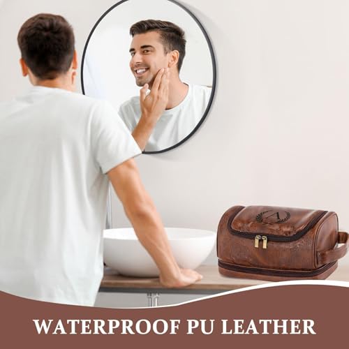 Personalized Christmas Birthday Gifts Toiletry Bag for Men Dad Husband, Custom Initial PU Leather Waterproof Toiletry Organizer Dopp Kit Shaving Bag Travel Essential for Men, Reddish Brown J - color: Reddish Brown, style: J