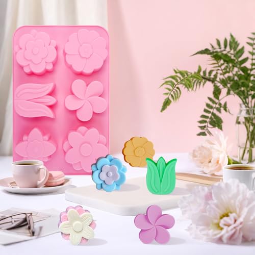 Flower Silicone Molds Tulip Daisy Flower Soap Molds 2Pcs Tulip Shape Candle Mold Daisy Floral Resin Clay Wax Soap Mold Floral Silicone Moldes para Velas for Candles Polymer Clay Craft - color: Pink Green