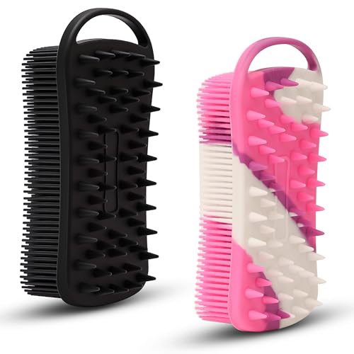 MtBoi 2 PC Silicone Body Scrubber, 2 in 1 Exfoliating Shower Bath Scrubber, Soft Silicone Loofah for Sensitive Skin, Shower Hair Scalp Massager, Easy to Clean, Lather Well (Black&Purple) - color: Black&purple