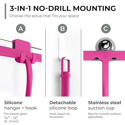 GÜTEWERK Silicone Shower Squeegee for Glass Doors & Mirrors with Stainless Steel Core, Streak-Free & No-Squeak Window Cleaning, 3-in-1 No-Drill Mount (Hook/Suction/Adhesive),Pink, 15 Inches - color: Pink, size: 15 Inches