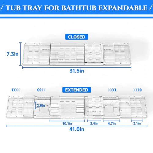 Expandable Acrylic Bathtub Tray for Tub, Bath Caddy Tray Table for Bathtub, Adjustable from 31.5 to 41 inch, Bathtub Rack fits Most Bathtubs and Bathroom Décor, Bath Tub Shelf Accessories for Women