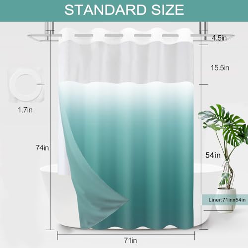 No Hook Shower Curtain with Snap in Liner, Ombre Teal Shower Curtains and Liner Set, Hotel Fabric Bath Curtain for Bathroom, Mesh Top Window Waterproof Washable, 71" x 74" - color: Ombre Teal, size: 71"W x 74"L (Pack of 1)