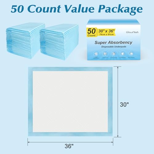 Wowflash Super Absorbency Disposable Leakproof Underpads with Quick Drying for Baby, Adults, Puppy, Dog Bed Pee Pads, Extra Large, XXL Incontinence Pads, 30” x 36”, 50 Count - size: 50 Count 30" x 36"