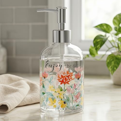 Topadorn 17oz Glass Soap Dispenser with Pump, Refillable Hand & Dish Soap Bottle, Watercolor Floral Enjoy the Day Kitchen Soap Dispenser for Bathroom Counter Decor - color: Floral