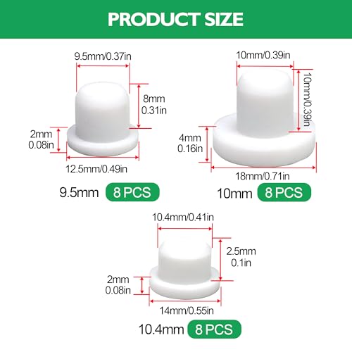 EASYEAH 3 Sizes 9.5/10/10.4 mm Silicone Plugs 3/8 in T-Shaped Soft Flexible Rubber Stopper Waterproof Seal Button Plug for 9.5-10.4 mm/0.37-0.41 in Hole, White, 32 Pcs - size: 9.5-10.4mm(0.37-0.41")