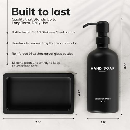 Black Glass Soap and Lotion Dispenser Set with Tray by Brighter Barns - Hand Soap Dispenser Bathroom Set & Stainless Steel Pump for Home - Modern Bathroom Accessories, Modern Decor (Black) - color: Black Sl