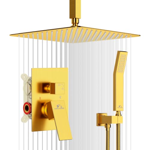 SunCleanse Rainfall Shower System Brushed Gold Ceiling Mounted Shower System Combo Set with High Pressure 12 Inches Square Rain Shower Head Handheld and Shower Faucet Rough-in Mixer Valve and Trim - color: Brushed Gold, style: 12-ceiling