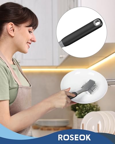 ROSEOK Dish Brush, Dish Scrubber, Nylon Bristles with Built-in Scraper | For Cleaning Dishes, Pots, Non-Stick Pans and Sinks, Black, 2 Pack - color: Black
