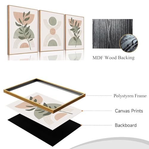 Bwodke Boho Wall Art, Framed Abstract Wall Art, Green Botanical Neutral Canvas Wall Decor, Large Mid Century Plant Pictures Set of 3, Modern Minimalist Paintings, for Bedroom Living Room Bathroom - color: Boho Green, size: 16"x24"Natural
