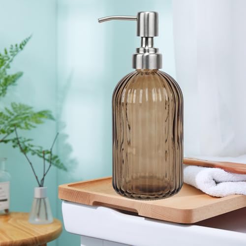 14Oz Brown Soap Dispenser Bathroom, Clear Glass Hand Soap Dispensers with Stainless Steel Pump, Refillable Dish Soap Dispenser for Kitchen, Countertop Soap Dispensers - color: Brown