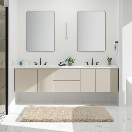 Yimobra Luxury Bathroom Rugs, Fluffy Bath Mats, Non Slip, Water Absorbent Microfiber, Machine Washable, Plush Runner Shower Rugs, Thick Matts for Bathroom Floor/Tub, 60" X 24", Light Beige and White - color: Light Beige and White, size: 60" X 24"