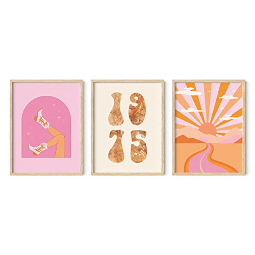HAUS AND HUES Pink Wall Art -Set of 3 Preppy Pictures, 70s Room Decor, Modern Orange Funky Aesthetic Posters, Retro Art Prints (Beige Frame, 12x16) - color: Pink 70s, size: 12"L x 16"W, style: Beige Framed