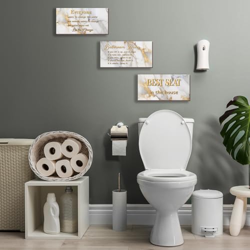 DONFENTHY 3 Pieces White Gold Bathroom Decor Bathroom Rules Wall Art Best Seat in The House Rustic Farmhouse Wooden Sign for Toilet (White Gold 10x5 Inches) - color: White Gold