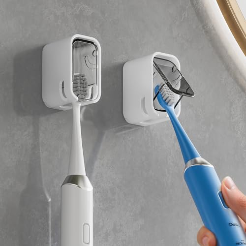 Toothbrush Holders for Bathroom【Innovation Single Slot Design】 2PCS Toothbrush Holder Wall Mounted with Cover for Shower, Single Toothbrush Dispenser Storage Organizer for Family & Travel - color: Grey-2pcs