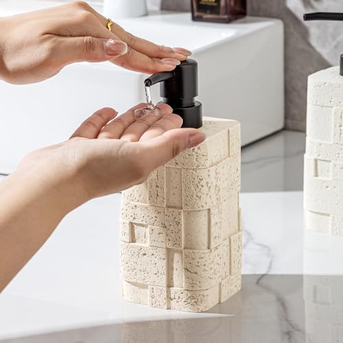 Soap Dispensers 13.5 OZ, 2 PCS Travertine Stone Look, White | Luxurious, Modern, Hand Dish Lotion Shampoo Soap Dispenser Jar with Pump Bottles for Kitchen Sink Bathroom Countertop - color: White